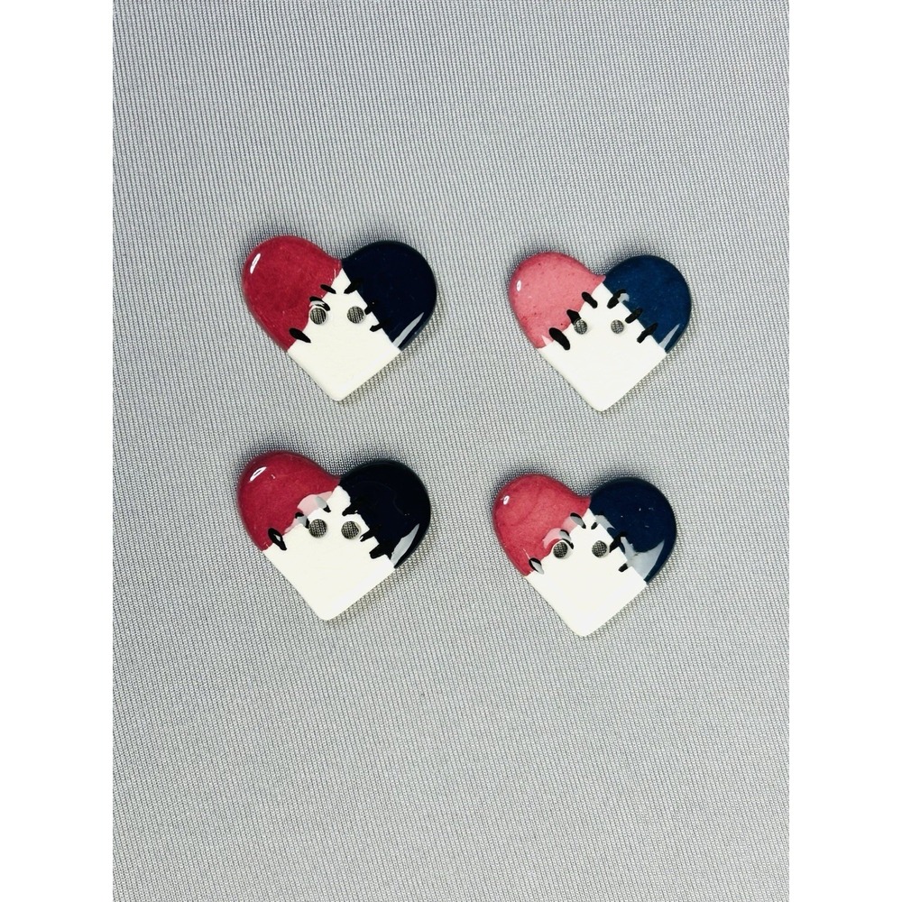 Large Patchwork Quilt Heart Shaped Novelty Ceramic Sewing Buttons Set Of 4